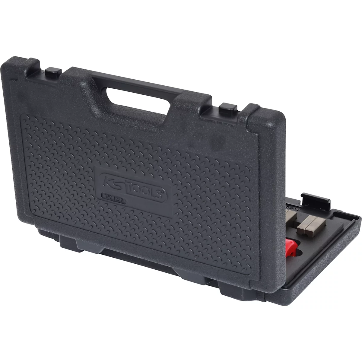 Schwarzer Werkzeugkoffer mit Werkzeugen. Koffer mit Aufschrift KS TOOLS.